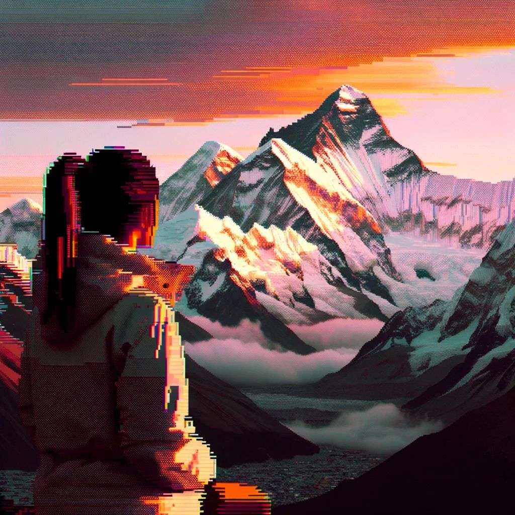 someone gazing at Mount Everest, pixel sorting glitch art